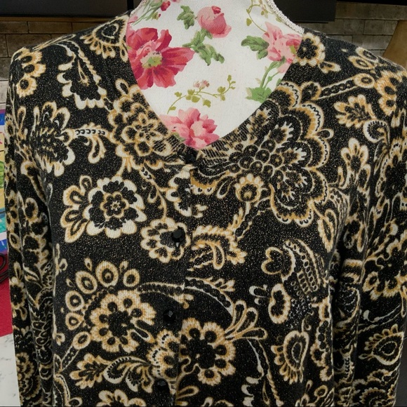 Talbots Petites Black Gold Shimmer Button Front Floral Cardigan Large Petite - Picture 2 of 8